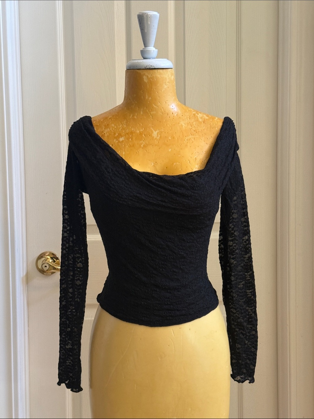 Black Off-Shoulder Lace-Sleeve Blouse